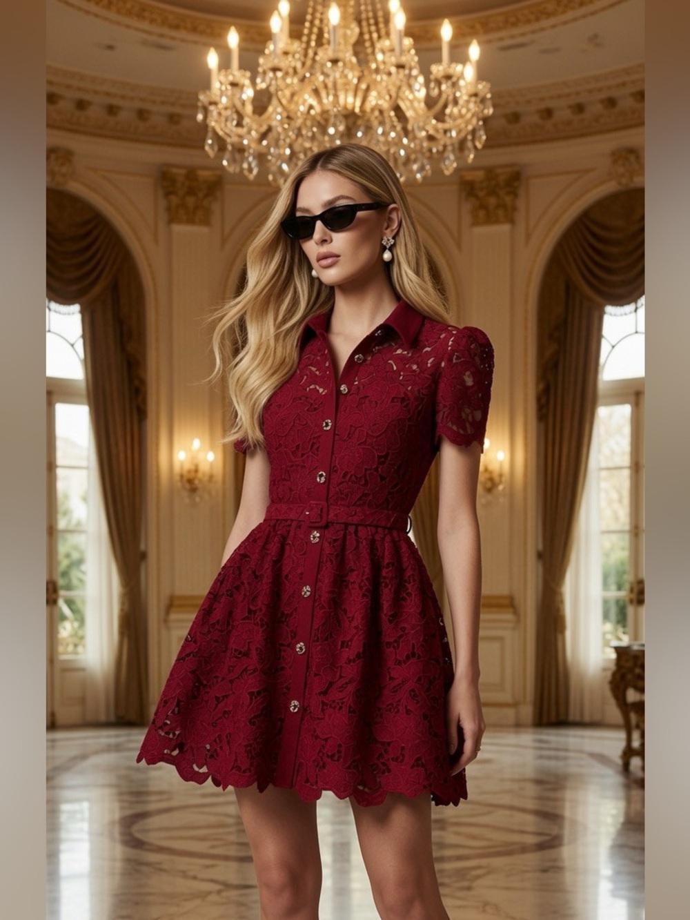 Self-Portrait BURGUNDY LACE COLLARED MINI DRESS US 0